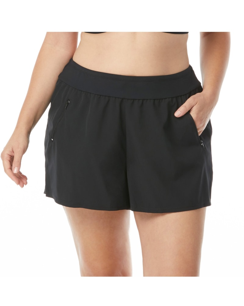 Front of a model wearing a size 16W April Swim Short in Black by Beach House Woman. | dia_product_style_image_id:282003
